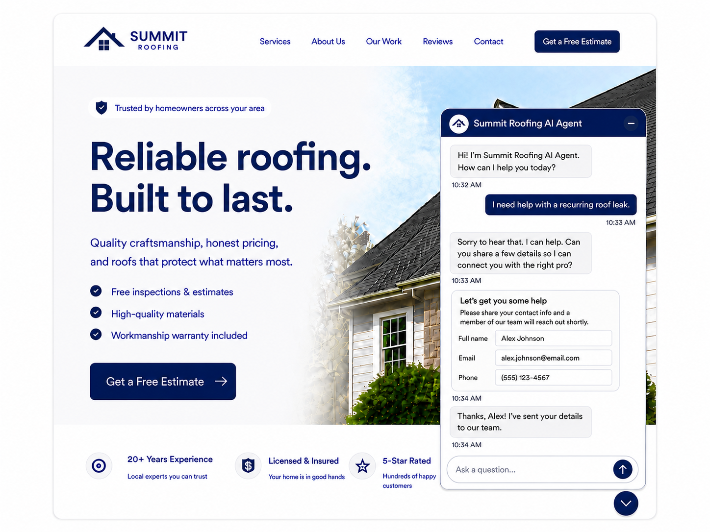 Summit Roofing website with Harlo AI Agent embedded